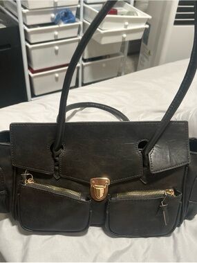 Vintage acid wash Black Leather-Look Double Pocket Satchel Handbag